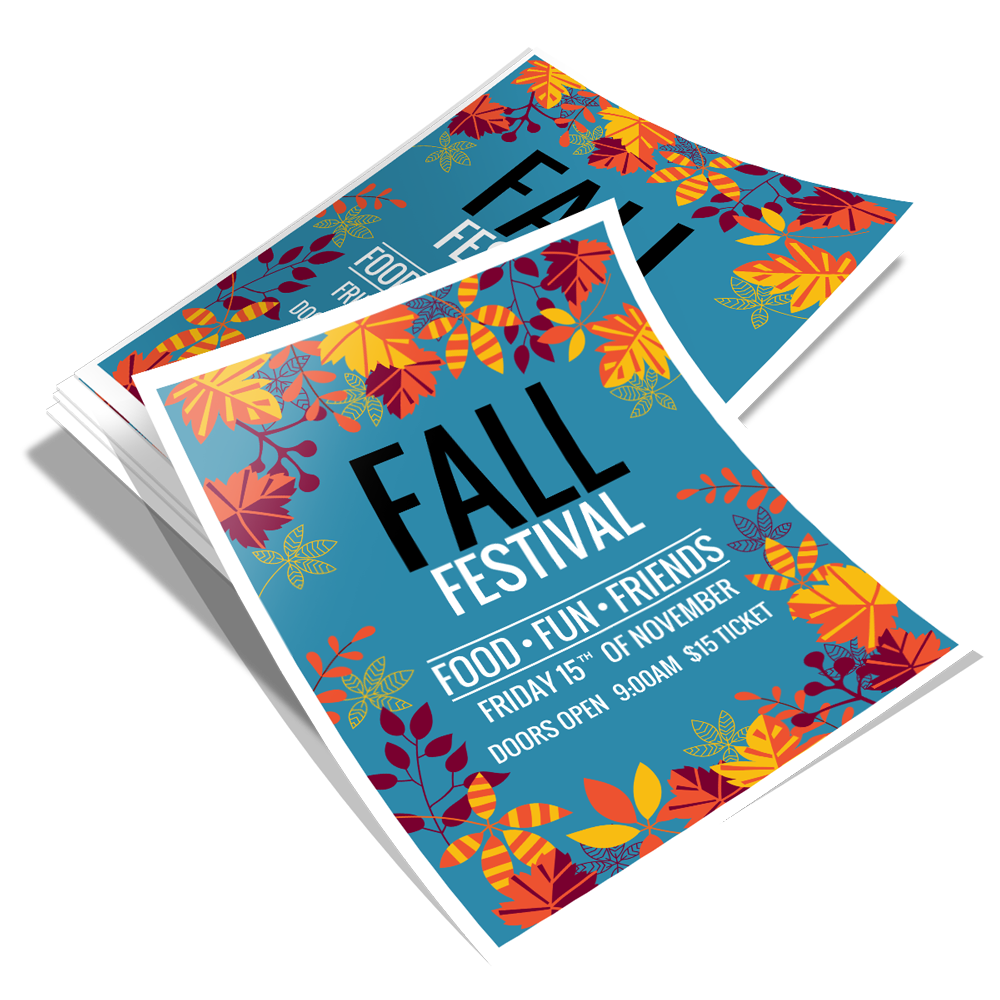 Colorful flyer for a Fall Festival, featuring autumn leaves, event details in bold text, and vibrant background colors.